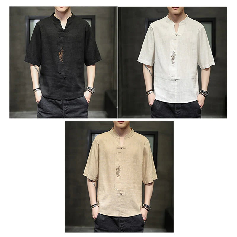 Buddha Stones Rana-Bottone Fenice Ricamo Cinese Tang Suit Camicia Manica Corta Cotone Lino Abbigliamento Uomo - Image 25