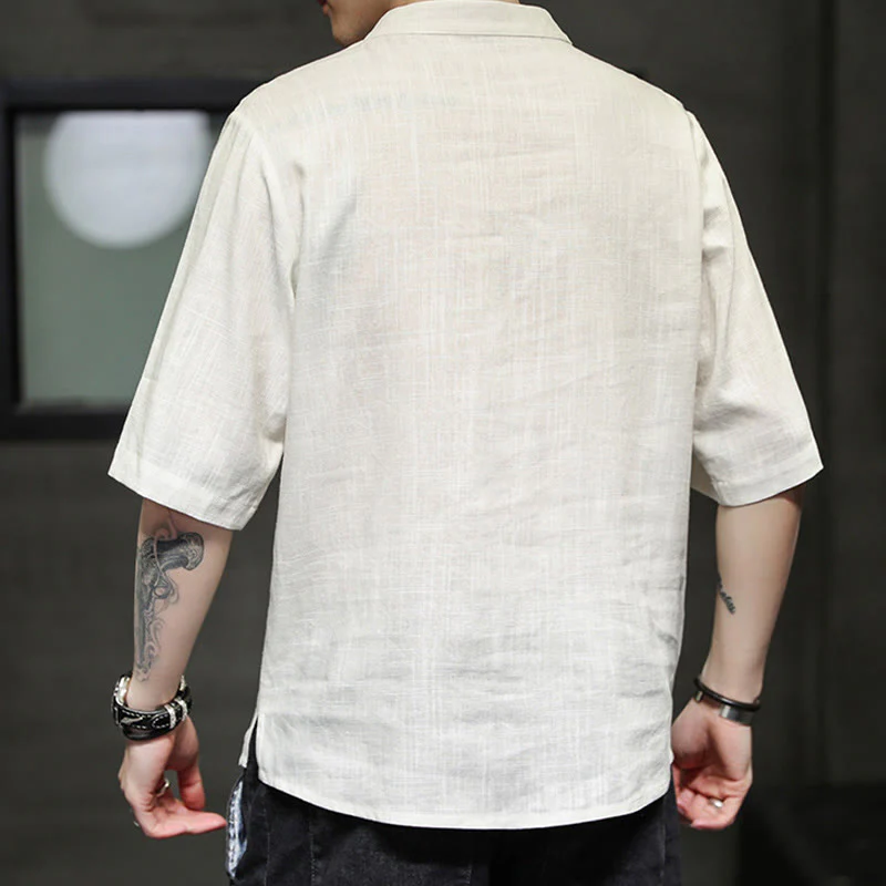 Buddha Stones Rana-Bottone Fenice Ricamo Cinese Tang Suit Camicia Manica Corta Cotone Lino Abbigliamento Uomo - Image 3