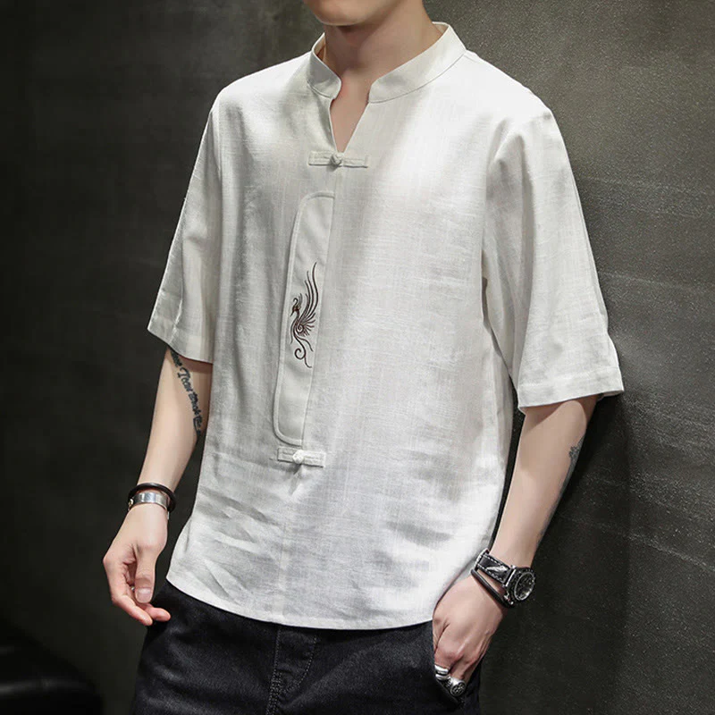 Buddha Stones Rana-Bottone Fenice Ricamo Cinese Tang Suit Camicia Manica Corta Cotone Lino Abbigliamento Uomo - Image 4