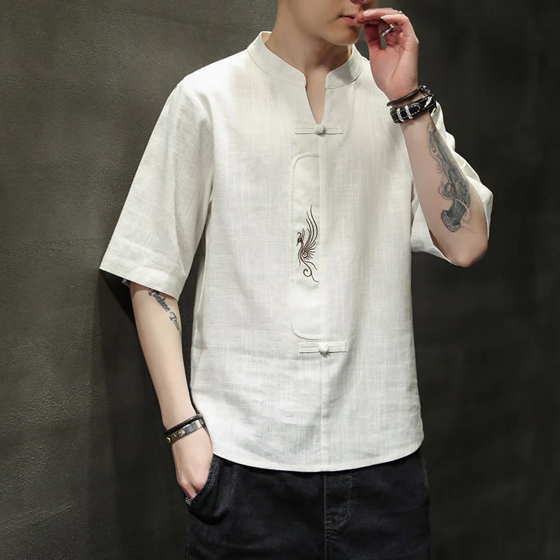 Buddha Stones Rana-Bottone Fenice Ricamo Cinese Tang Suit Camicia Manica Corta Cotone Lino Abbigliamento Uomo - Image 5