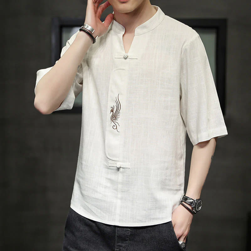 Buddha Stones Rana-Bottone Fenice Ricamo Cinese Tang Suit Camicia Manica Corta Cotone Lino Abbigliamento Uomo - Image 6