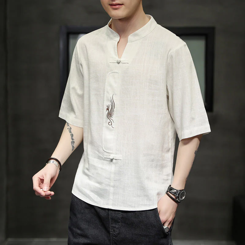 Buddha Stones Rana-Bottone Fenice Ricamo Cinese Tang Suit Camicia Manica Corta Cotone Lino Abbigliamento Uomo - Image 7