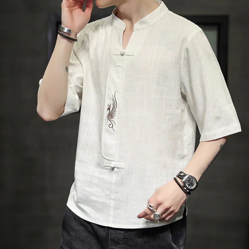 Buddha Stones Rana-Bottone Fenice Ricamo Cinese Tang Suit Camicia Manica Corta Cotone Lino Abbigliamento Uomo - Image 8