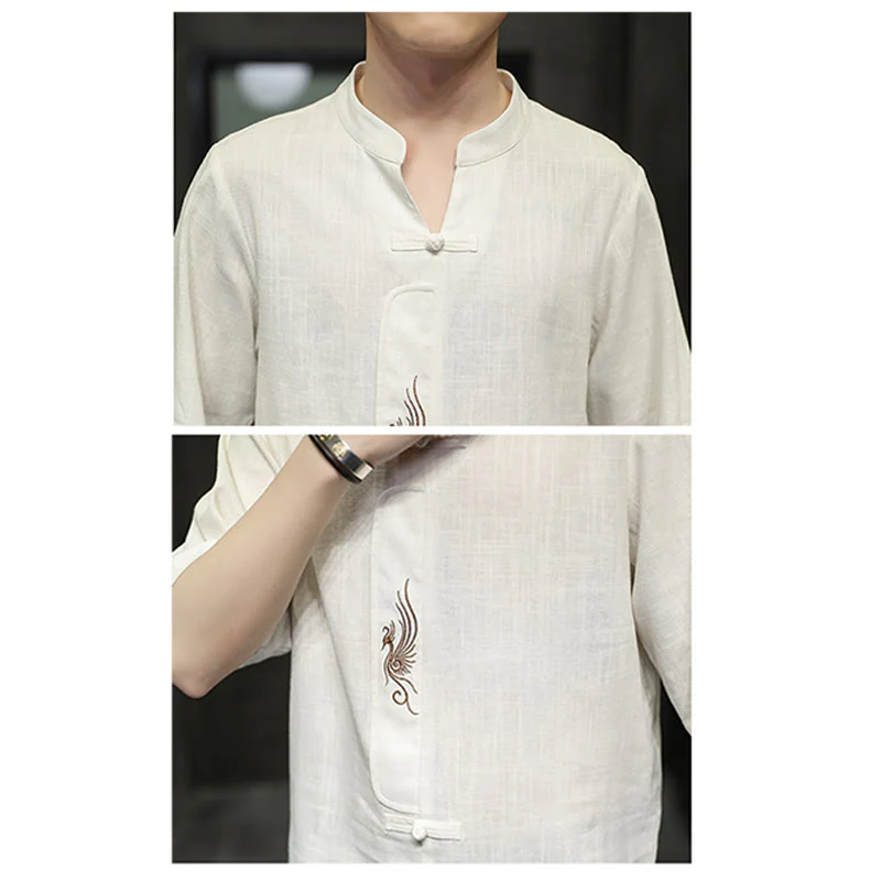 Buddha Stones Rana-Bottone Fenice Ricamo Cinese Tang Suit Camicia Manica Corta Cotone Lino Abbigliamento Uomo - Image 9