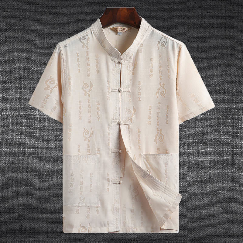 Buddha Stones Rana-Bottone Fu Carattere Drago Foglia di Bambù Cinese Tang Suit Camicia Manica Corta Lino Con Tasche