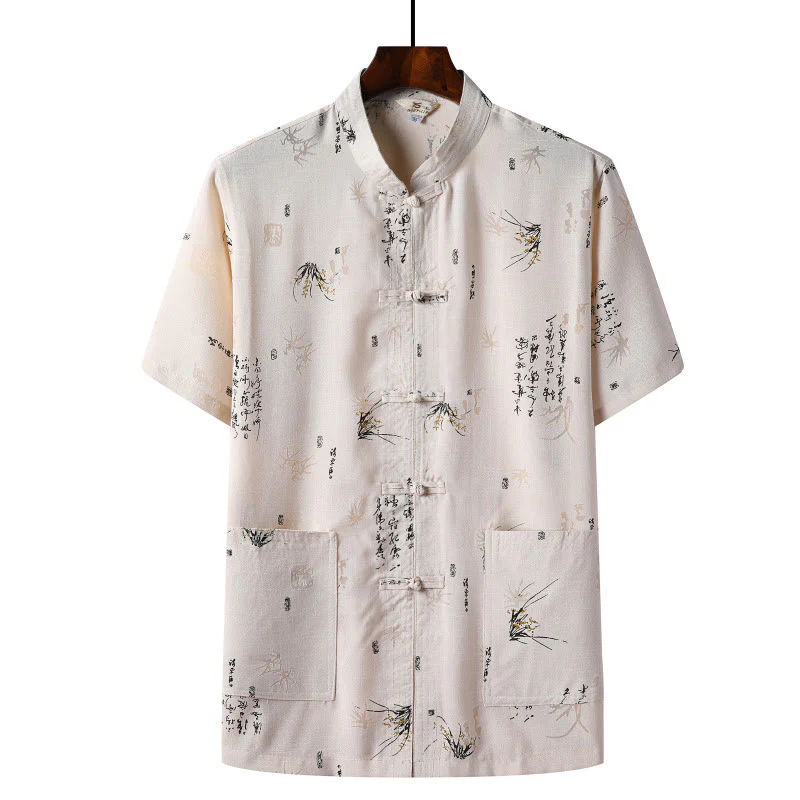 Buddha Stones Rana-Bottone Fu Carattere Drago Foglia di Bambù Cinese Tang Suit Camicia Manica Corta Lino Con Tasche - Image 10
