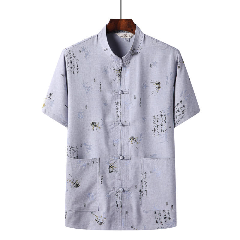 Buddha Stones Rana-Bottone Fu Carattere Drago Foglia di Bambù Cinese Tang Suit Camicia Manica Corta Lino Con Tasche - Image 11