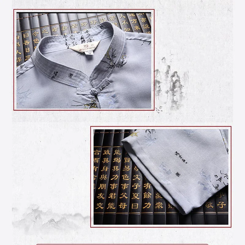 Buddha Stones Rana-Bottone Fu Carattere Drago Foglia di Bambù Cinese Tang Suit Camicia Manica Corta Lino Con Tasche - Image 12