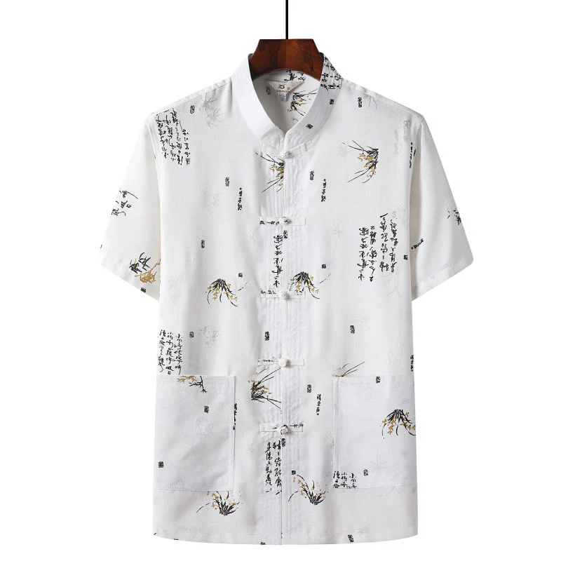 Buddha Stones Rana-Bottone Fu Carattere Drago Foglia di Bambù Cinese Tang Suit Camicia Manica Corta Lino Con Tasche - Image 14