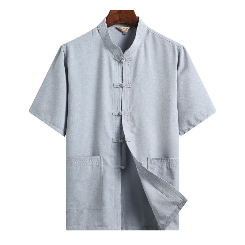 Buddha Stones Rana-Bottone Fu Carattere Drago Foglia di Bambù Cinese Tang Suit Camicia Manica Corta Lino Con Tasche - Image 16