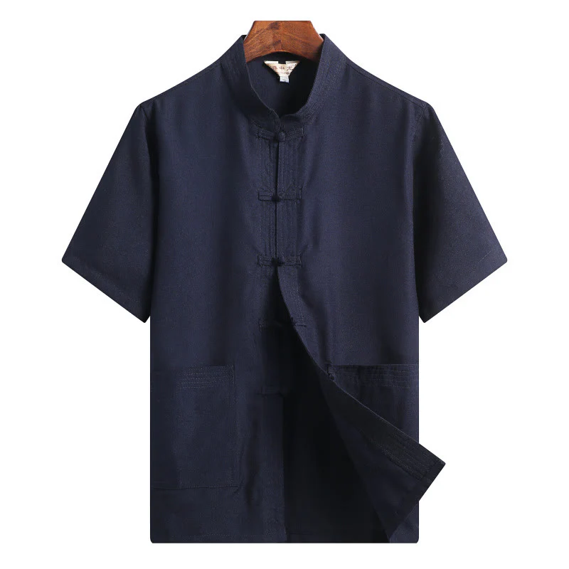 Buddha Stones Rana-Bottone Fu Carattere Drago Foglia di Bambù Cinese Tang Suit Camicia Manica Corta Lino Con Tasche - Image 18