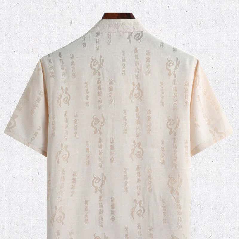 Buddha Stones Rana-Bottone Fu Carattere Drago Foglia di Bambù Cinese Tang Suit Camicia Manica Corta Lino Con Tasche - Image 2