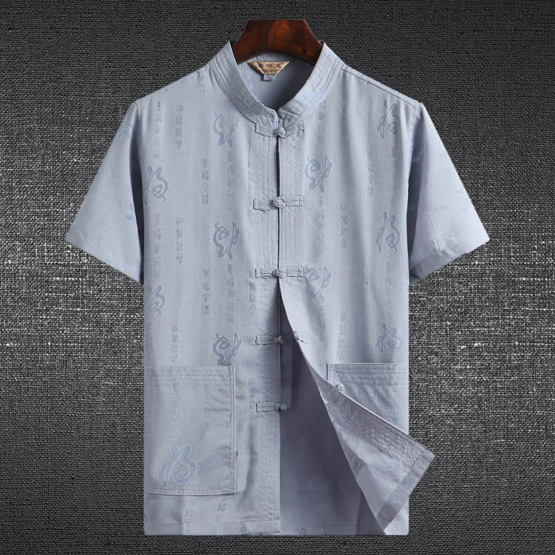 Buddha Stones Rana-Bottone Fu Carattere Drago Foglia di Bambù Cinese Tang Suit Camicia Manica Corta Lino Con Tasche - Image 3