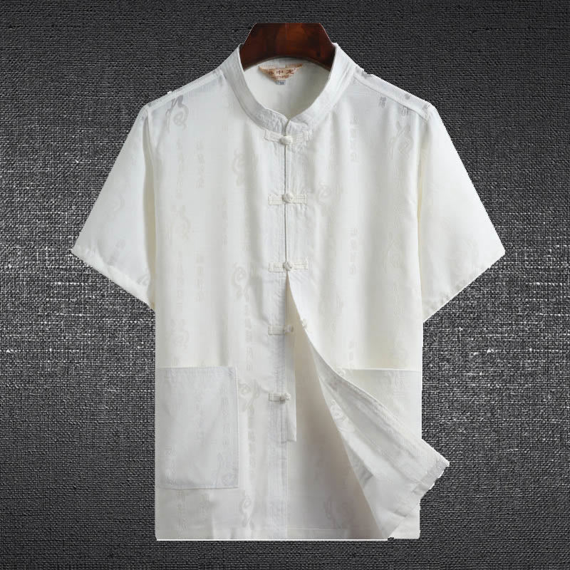 Buddha Stones Rana-Bottone Fu Carattere Drago Foglia di Bambù Cinese Tang Suit Camicia Manica Corta Lino Con Tasche - Image 4