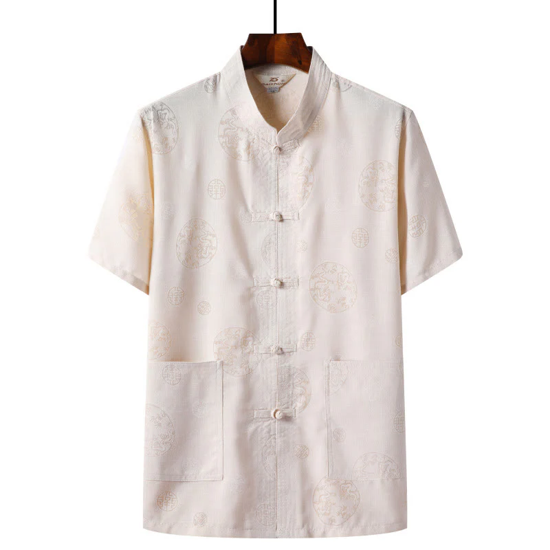 Buddha Stones Rana-Bottone Fu Carattere Drago Foglia di Bambù Cinese Tang Suit Camicia Manica Corta Lino Con Tasche - Image 7