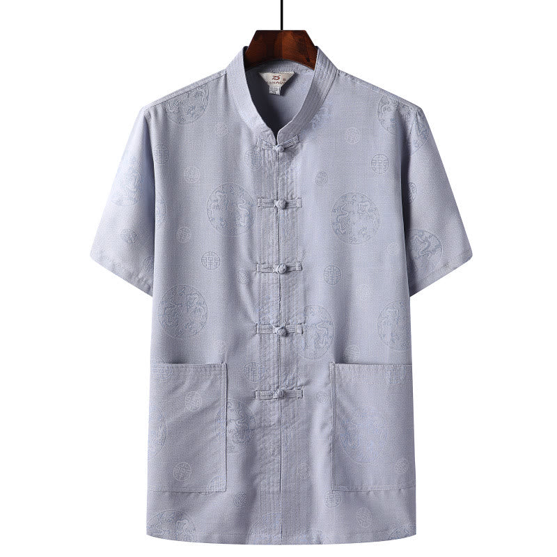 Buddha Stones Rana-Bottone Fu Carattere Drago Foglia di Bambù Cinese Tang Suit Camicia Manica Corta Lino Con Tasche - Image 8