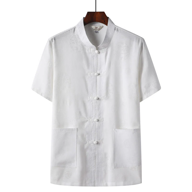 Buddha Stones Rana-Bottone Fu Carattere Drago Foglia di Bambù Cinese Tang Suit Camicia Manica Corta Lino Con Tasche - Image 9