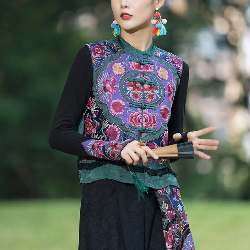 Buddha Stones Rana-Bottone Ricamo Fiori Cotone Lino Tang Suit Design Gilet Senza Maniche