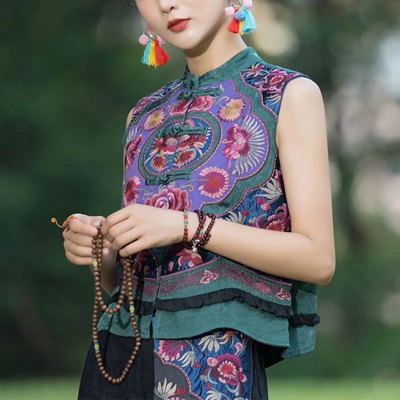 Buddha Stones Rana-Bottone Ricamo Fiori Cotone Lino Tang Suit Design Gilet Senza Maniche - Image 5