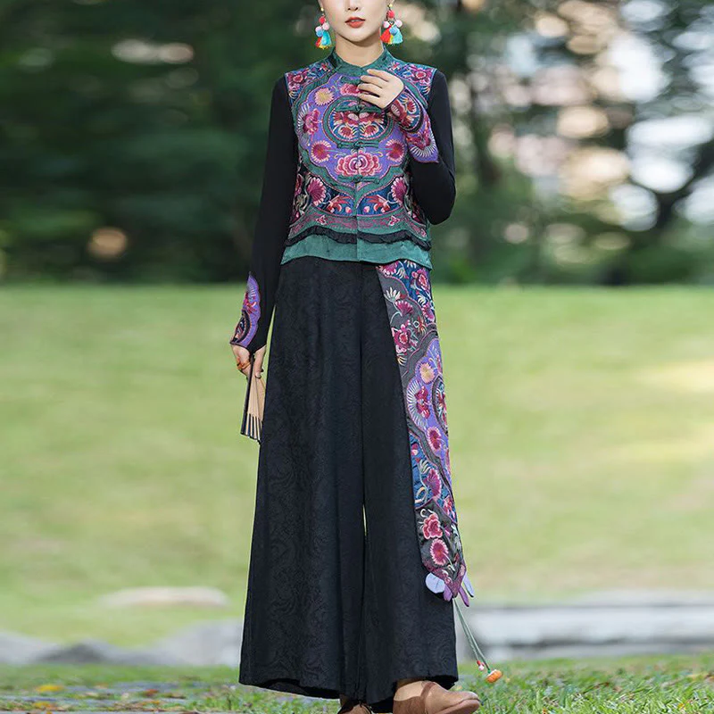 Buddha Stones Rana-Bottone Ricamo Fiori Cotone Lino Tang Suit Design Gilet Senza Maniche - Image 6