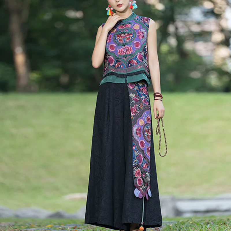Buddha Stones Rana-Bottone Ricamo Fiori Cotone Lino Tang Suit Design Gilet Senza Maniche - Image 7