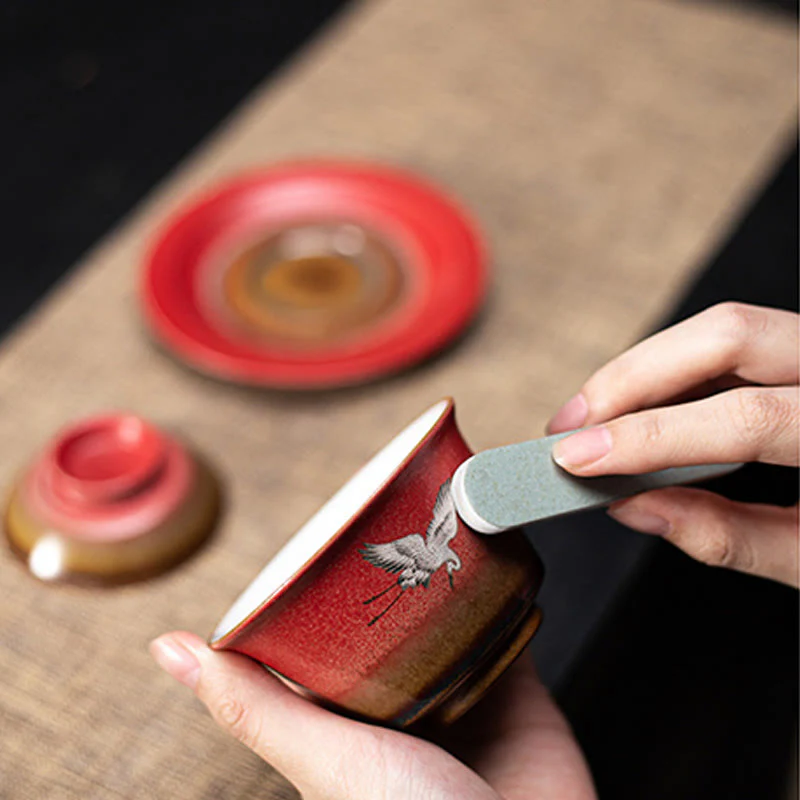 Buddha Stones Red Gru di buon auspicio Ceramica Gaiwan Sancai Tazza da tè Kung Fu Tazza da tè e piattino con coperchio - Image 10