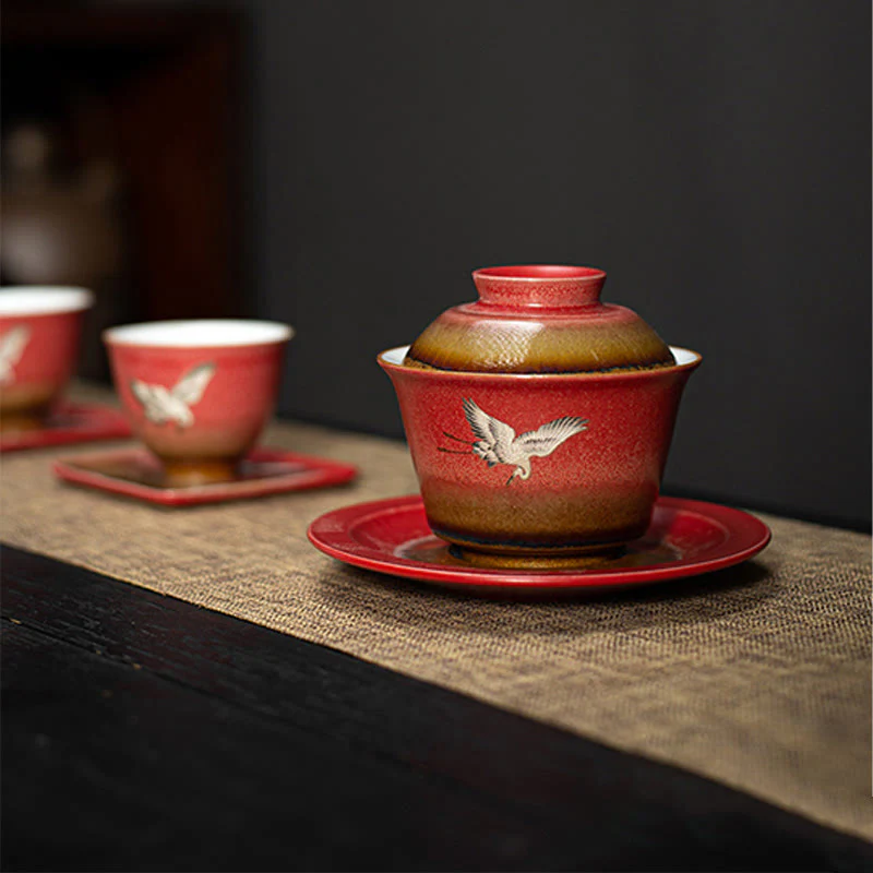 Buddha Stones Red Gru di buon auspicio Ceramica Gaiwan Sancai Tazza da tè Kung Fu Tazza da tè e piattino con coperchio - Image 11