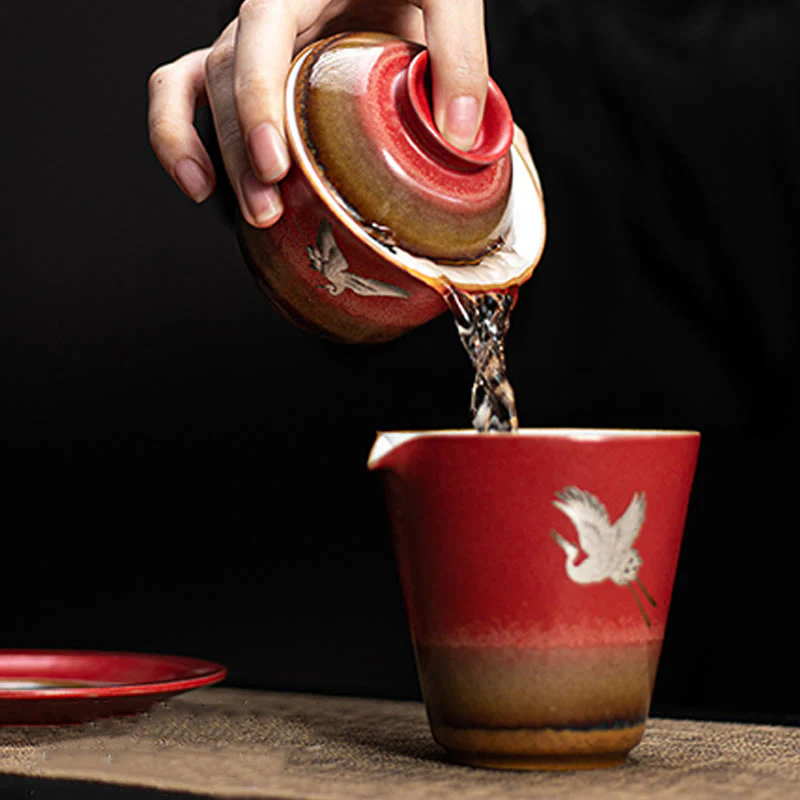 Buddha Stones Red Gru di buon auspicio Ceramica Gaiwan Sancai Tazza da tè Kung Fu Tazza da tè e piattino con coperchio - Image 12