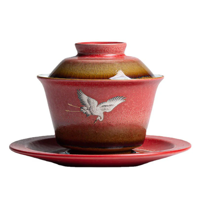 Buddha Stones Red Gru di buon auspicio Ceramica Gaiwan Sancai Tazza da tè Kung Fu Tazza da tè e piattino con coperchio - Image 14