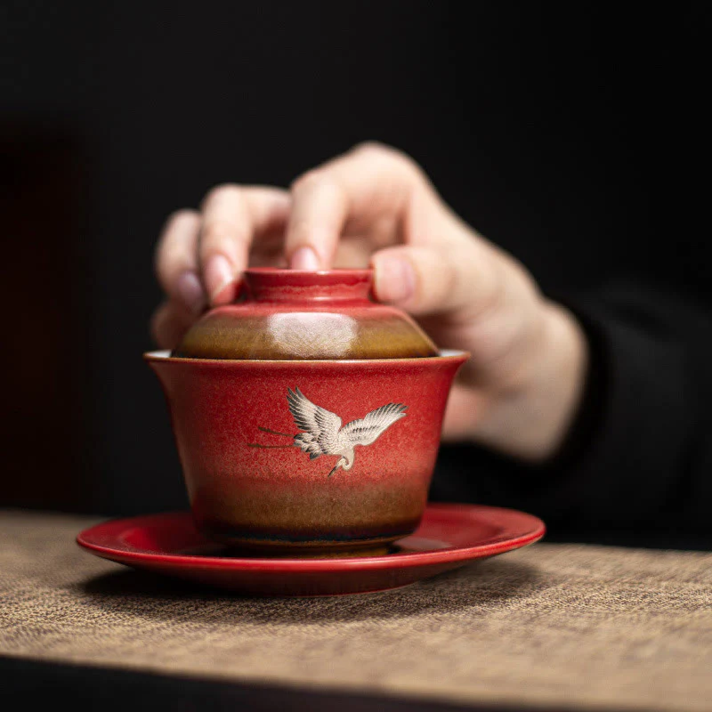 Buddha Stones Red Gru di buon auspicio Ceramica Gaiwan Sancai Tazza da tè Kung Fu Tazza da tè e piattino con coperchio - Image 2