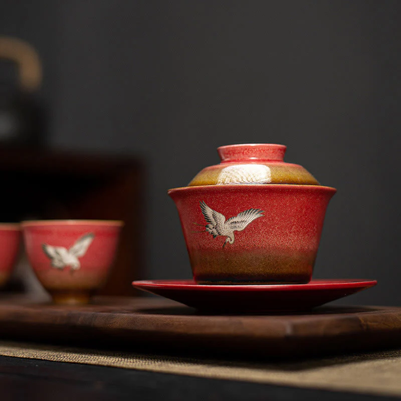 Buddha Stones Red Gru di buon auspicio Ceramica Gaiwan Sancai Tazza da tè Kung Fu Tazza da tè e piattino con coperchio - Image 3