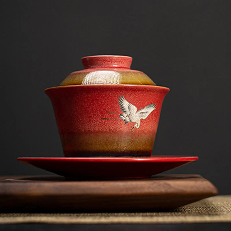 Buddha Stones Red Gru di buon auspicio Ceramica Gaiwan Sancai Tazza da tè Kung Fu Tazza da tè e piattino con coperchio - Image 4