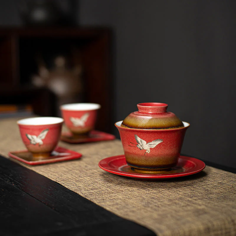 Buddha Stones Red Gru di buon auspicio Ceramica Gaiwan Sancai Tazza da tè Kung Fu Tazza da tè e piattino con coperchio - Image 5