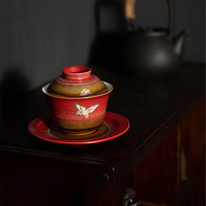 Buddha Stones Red Gru di buon auspicio Ceramica Gaiwan Sancai Tazza da tè Kung Fu Tazza da tè e piattino con coperchio - Image 6