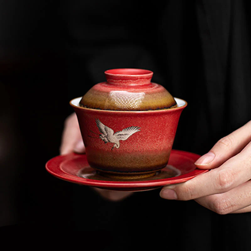 Buddha Stones Red Gru di buon auspicio Ceramica Gaiwan Sancai Tazza da tè Kung Fu Tazza da tè e piattino con coperchio - Image 7
