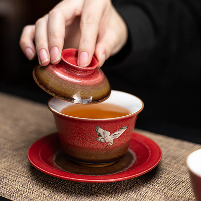 Buddha Stones Red Gru di buon auspicio Ceramica Gaiwan Sancai Tazza da tè Kung Fu Tazza da tè e piattino con coperchio - Image 8
