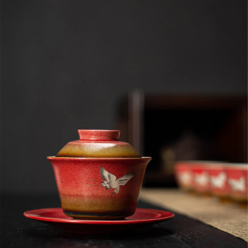 Buddha Stones Red Gru di buon auspicio Ceramica Gaiwan Sancai Tazza da tè Kung Fu Tazza da tè e piattino con coperchio - Image 9