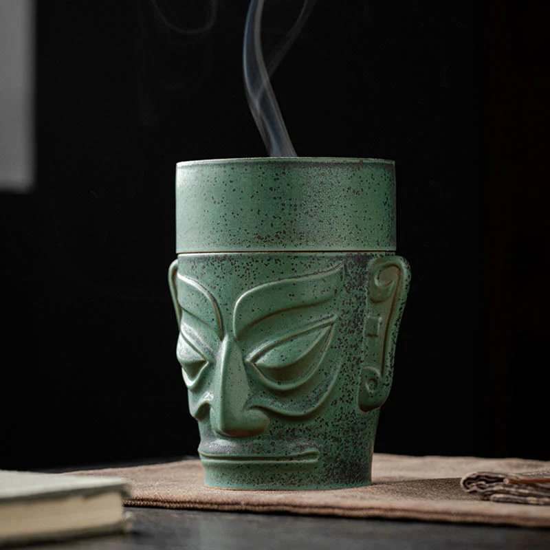 Buddha Stones Reliquie dell'età del bronzo Maschera Sanxingdui Tumulo a tre stelle Bruciatore di incenso curativo in ceramica - Image 4