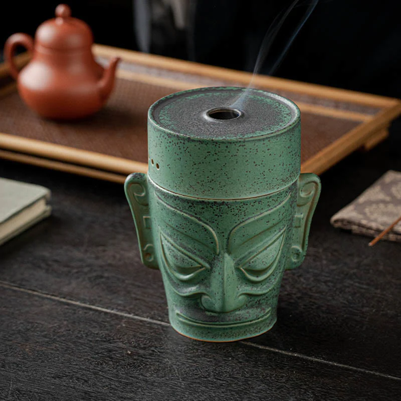 Buddha Stones Reliquie dell'età del bronzo Maschera Sanxingdui Tumulo a tre stelle Bruciatore di incenso curativo in ceramica - Image 5