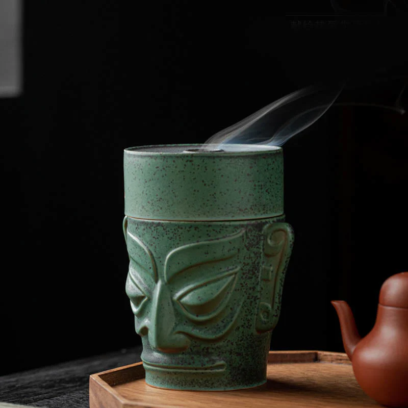 Buddha Stones Reliquie dell'età del bronzo Maschera Sanxingdui Tumulo a tre stelle Bruciatore di incenso curativo in ceramica - Image 8