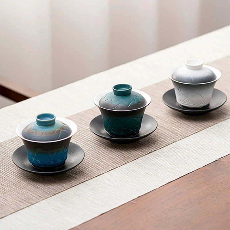 Buddha Stones Retro Blu Oceano Mare Onde Gradiente Ceramica Gaiwan Sancai Tazza da Tè Kung Fu Tazza da Tè e Piattino con Coperchio - Image 13