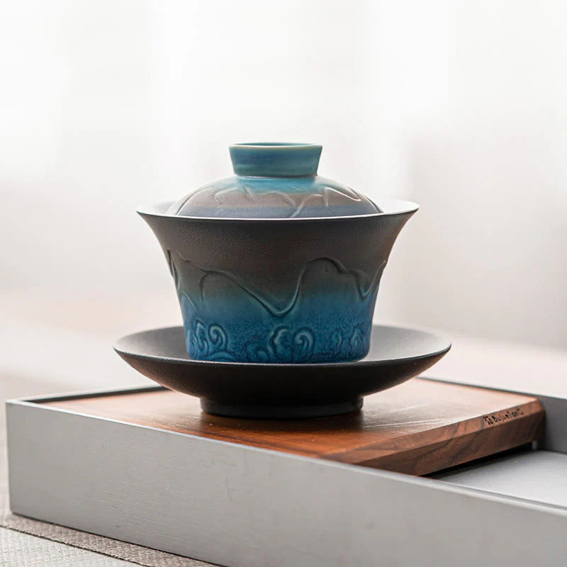 Buddha Stones Retro Blu Oceano Mare Onde Gradiente Ceramica Gaiwan Sancai Tazza da Tè Kung Fu Tazza da Tè e Piattino con Coperchio - Image 2