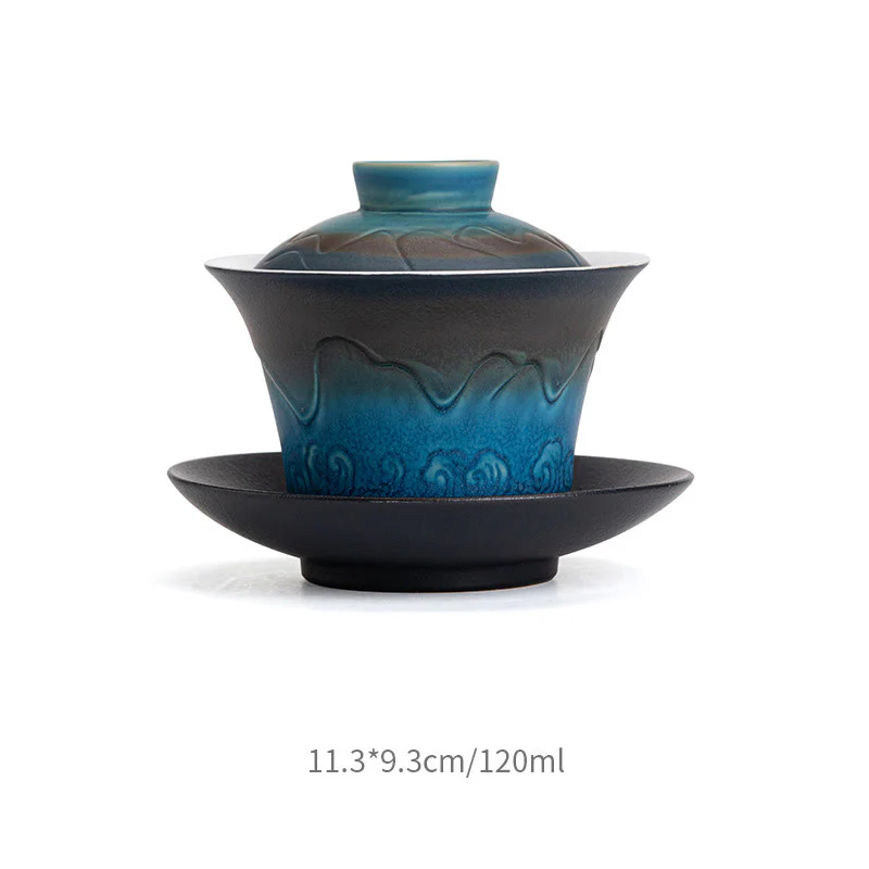 Buddha Stones Retro Blu Oceano Mare Onde Gradiente Ceramica Gaiwan Sancai Tazza da Tè Kung Fu Tazza da Tè e Piattino con Coperchio - Image 4