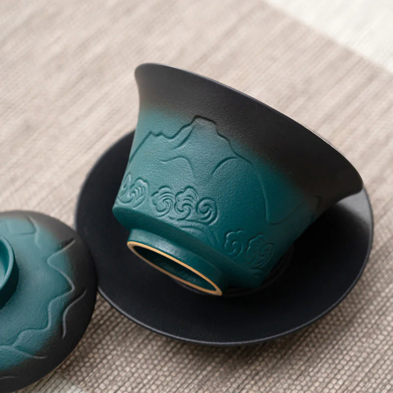 Buddha Stones Retro Blu Oceano Mare Onde Gradiente Ceramica Gaiwan Sancai Tazza da Tè Kung Fu Tazza da Tè e Piattino con Coperchio - Image 9