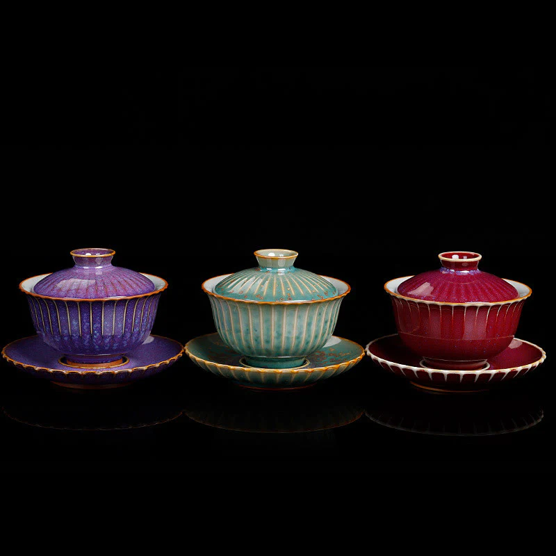 Buddha Stones Retro Glaze Kiln Change Ceramica Gaiwan Sancai Tazza da tè Kung Fu Tazza da tè e piattino con coperchio - Image 2
