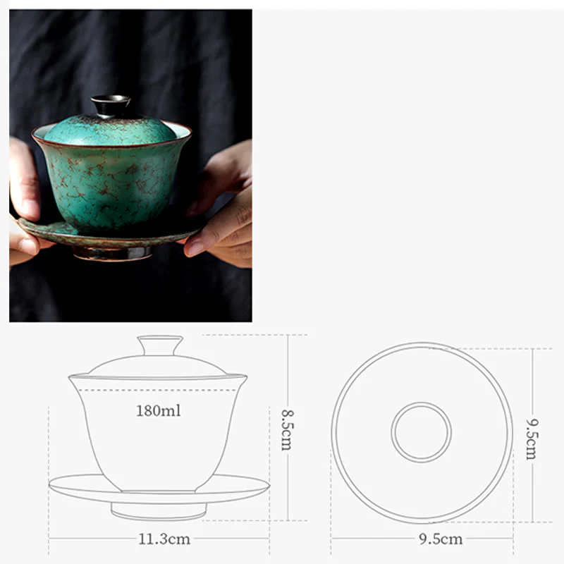 Buddha Stones Retro Green Glaze Ceramic Gaiwan Sancai Tazza da tè Kung Fu Tazza da tè e piattino con coperchio - Image 11