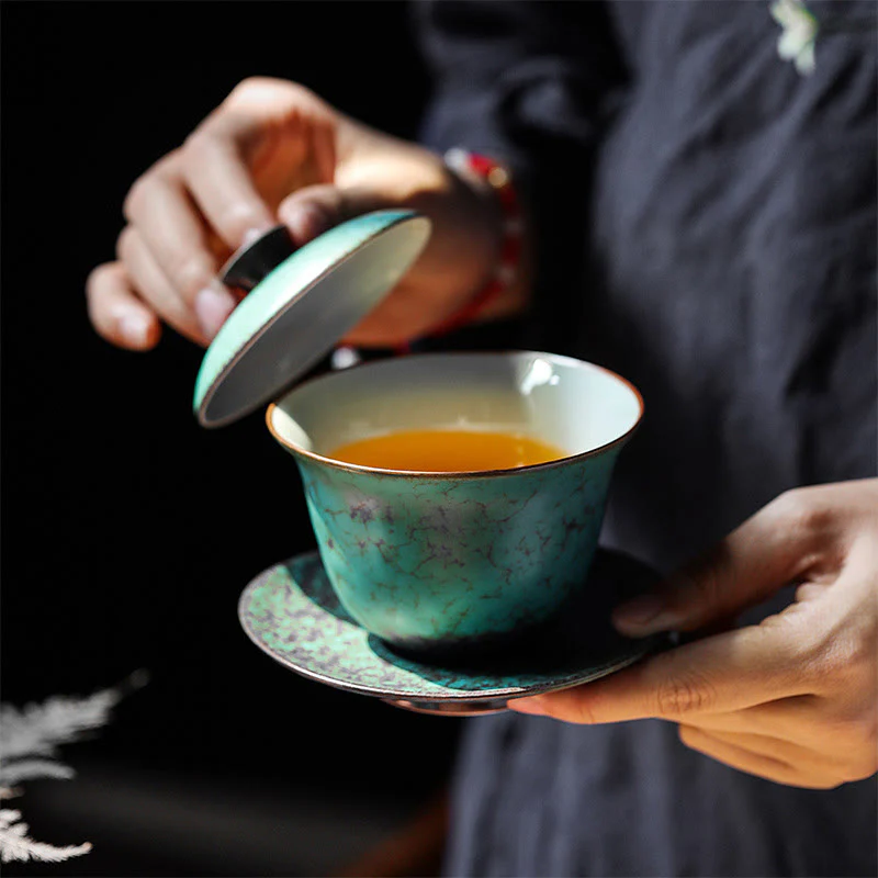 Buddha Stones Retro Green Glaze Ceramic Gaiwan Sancai Tazza da tè Kung Fu Tazza da tè e piattino con coperchio - Image 2