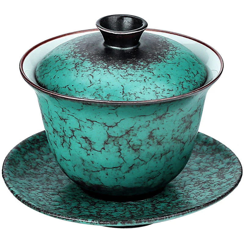Buddha Stones Retro Green Glaze Ceramic Gaiwan Sancai Tazza da tè Kung Fu Tazza da tè e piattino con coperchio - Image 7