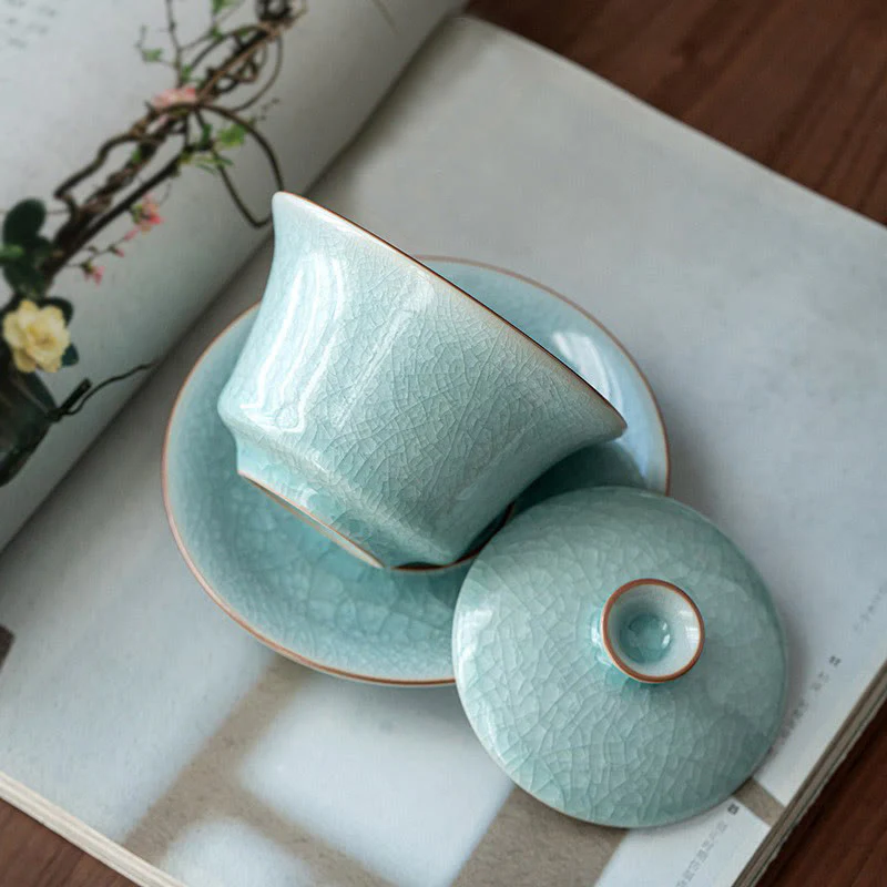 Buddha Stones Retro Green Ice Glaze Ceramic Gaiwan Sancai Tazza da tè Kung Fu Tazza da tè e piattino con coperchio - Image 2