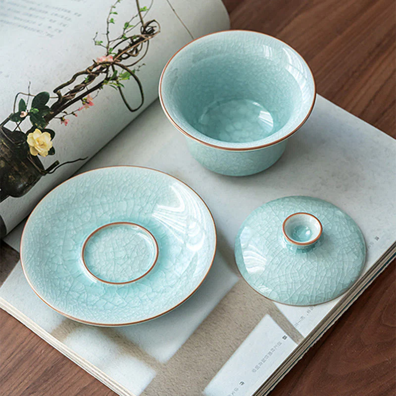 Buddha Stones Retro Green Ice Glaze Ceramic Gaiwan Sancai Tazza da tè Kung Fu Tazza da tè e piattino con coperchio - Image 5